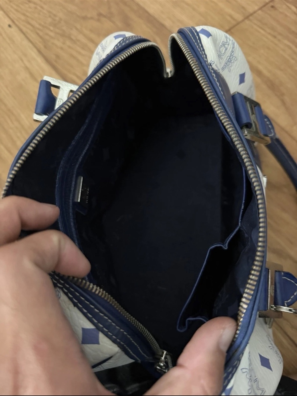 MCM White & Blue Logo Leather Satchel with Charm - Picture 6 of 7